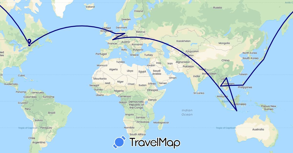 TravelMap itinerary: driving in Canada, Germany, France, Indonesia, Japan, Netherlands, Nepal, Philippines, Thailand, Vietnam (Asia, Europe, North America)